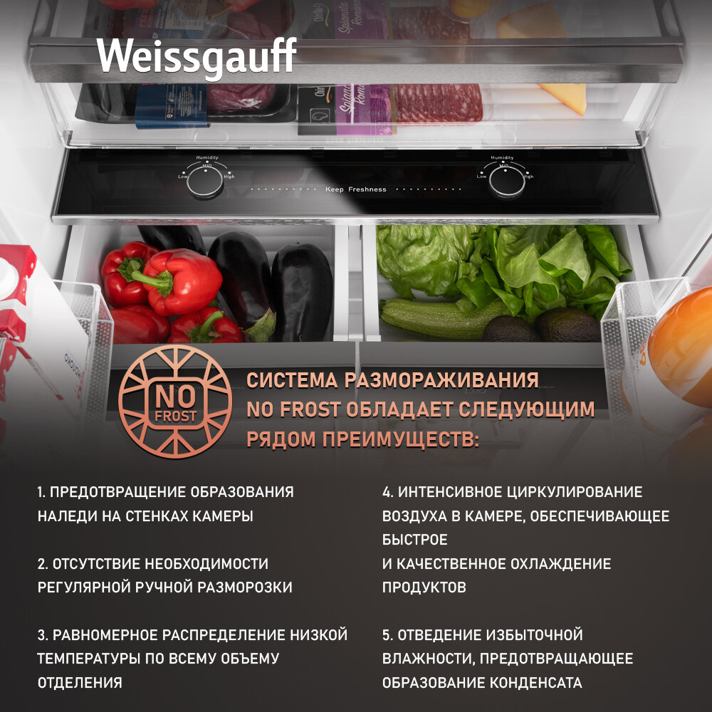 Отдельностоящий холодильник с инвертором Weissgauff WCD 450 WNF Built-in, объем 446 литров — фото 1