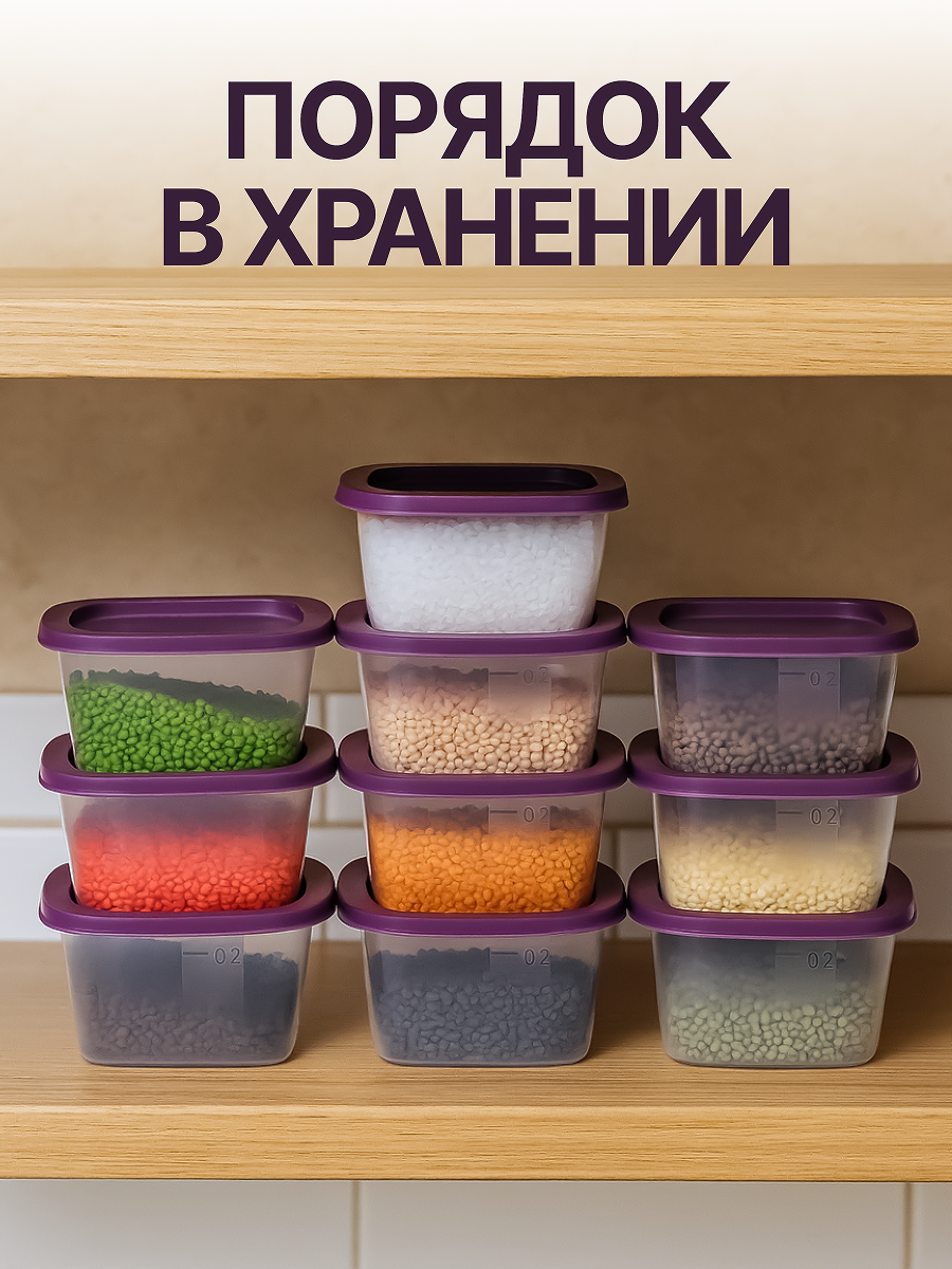 Контейнеры для еды маленькие с крышкой, для специй и соусов, пластиковые Sparkplast, квадратные, набор пищевой 10 шт по 230 мл. — фото 1