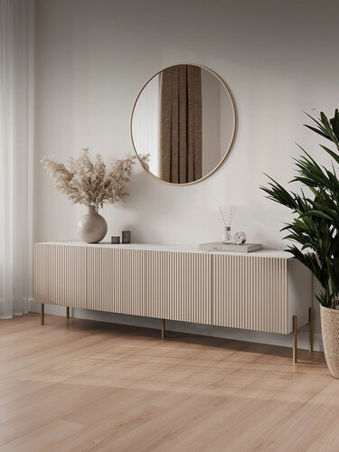 Изображение товара Тумба под телевизор напольная Puzzlemebel Селлин, тумбочка для тв на ножках, длина 210 см, бежевый