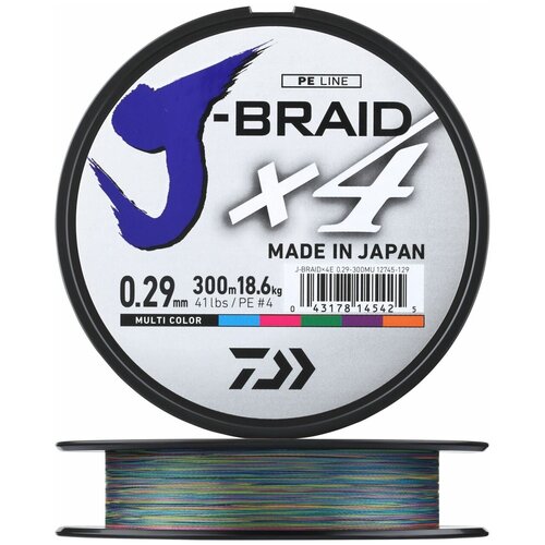 Шнур плетеный Daiwa J-Braid X4E #4 0,29мм 300м (multicolor)