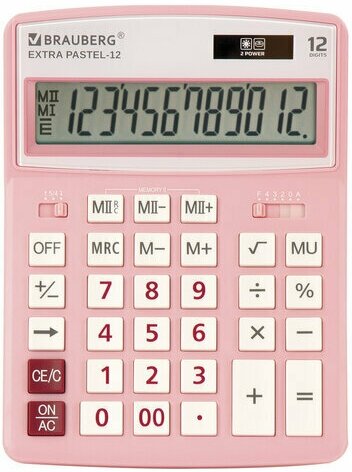 Калькулятор настольный BRAUBERG EXTRA PASTEL-12-PK (206×155 мм), 12 разрядов, двойное питание, розовый