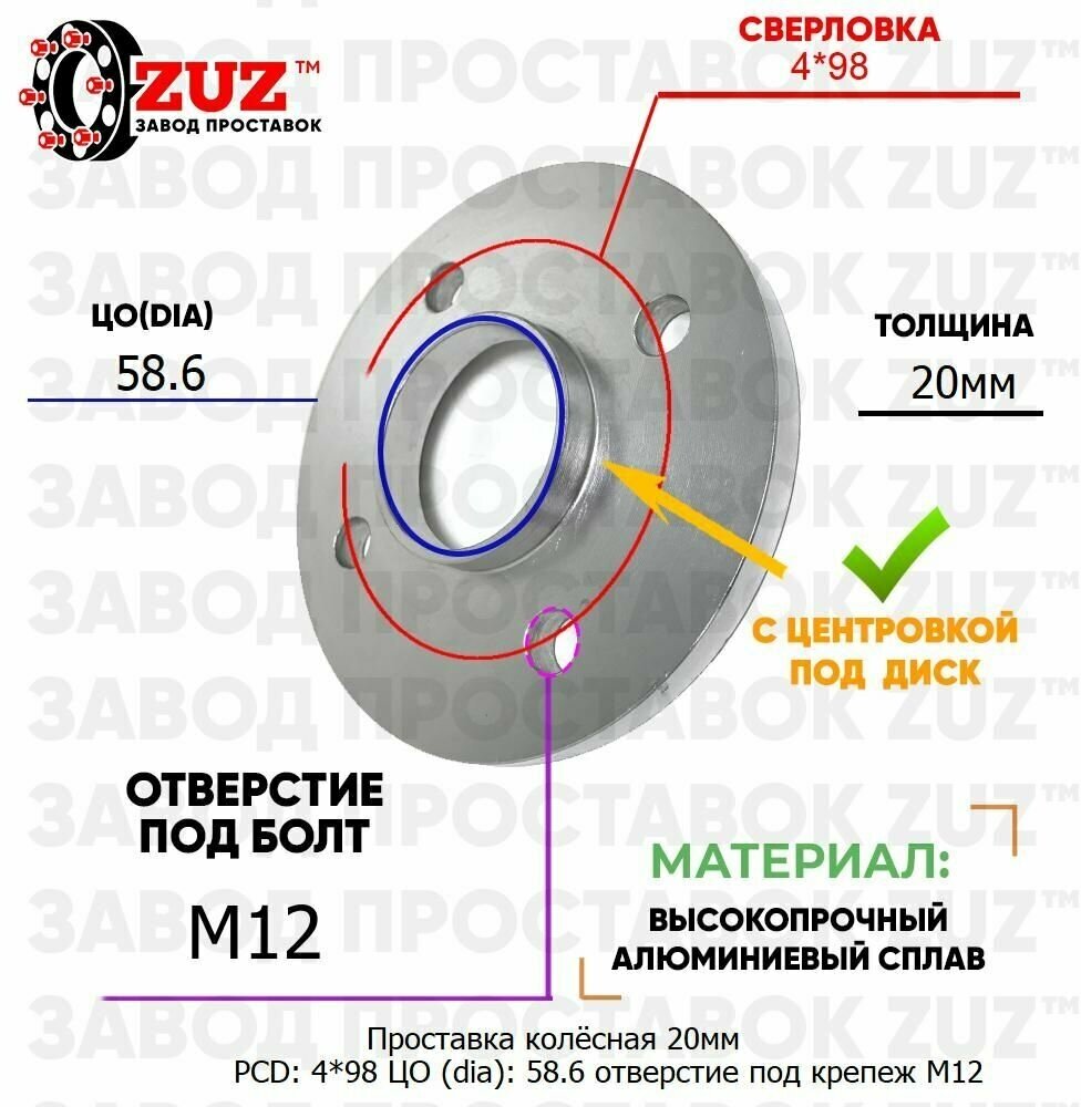 Проставка колёсная 1 шт 20мм PCD: 4*98 ЦО (DIA): 58,6 с бортиком отверстие под крепёж M12 на ступицу: Lancia, Skoda, ВАЗ, Лада 4x98 4х98