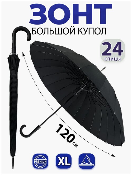 Зонт-трость Meddo, полуавтомат, купол 120 см, 24 спиц, система «антиветер», чехол в комплекте, черный