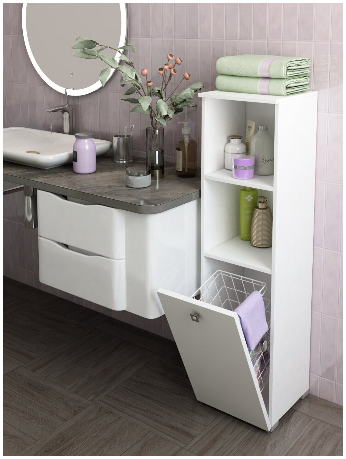 Шкаф для ванной комнаты, REGENT style, вштвиола 1корз2н, белый, 115*30*30