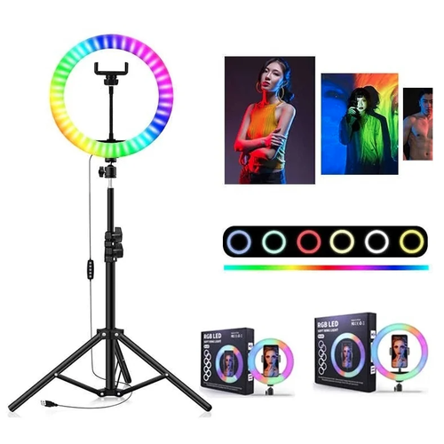 Кольцевая лампа 33 см для предметной съемки и макияжа RGB (15 цветовых схем) со штативом 210 см / селфи лампа для TikTok кольцевая лампа 33 см штатив в подарок 2 метра с пультом 3 основный цвета