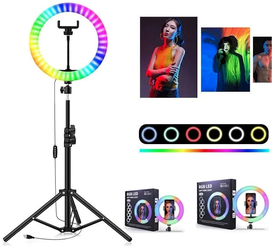 Кольцевая лампа 33 см для предметной съемки и макияжа RGB (15 цветовых схем) со штативом 210 см / селфи лампа для TikTok