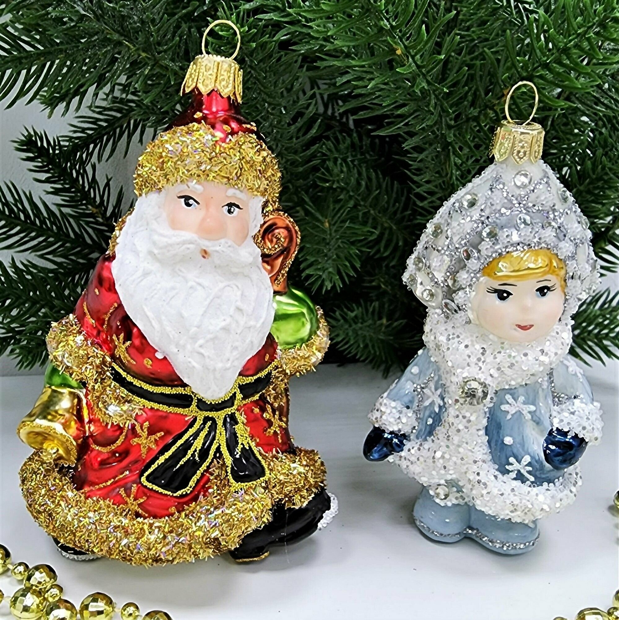 Набор авторских елочных игрушек из стекла Irena-Co Дед Мороз и Снегурочка