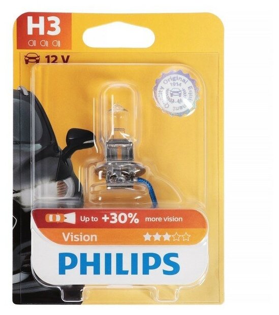 Лампа Philips H3, 12 В, 55 Вт, PK22s, +30% света, Vision Premium, 12336PRB1