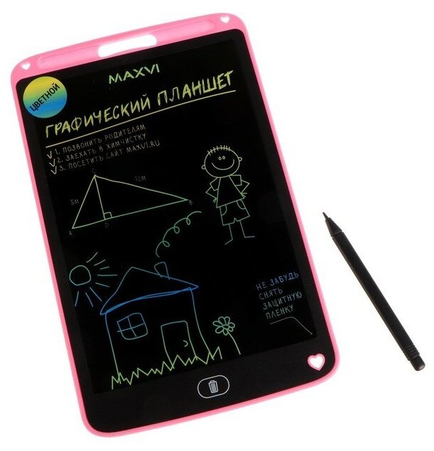 Графический планшет для рисования и заметок LCD Maxvi MGT-02С 10.5” цветной дисплей розовый