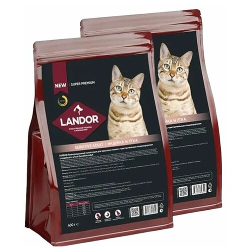 LANDOR (1+1) полнорационный сухой корм для взрослых кошек с чувствительным пищеварением c индейкой и уткой, 400г