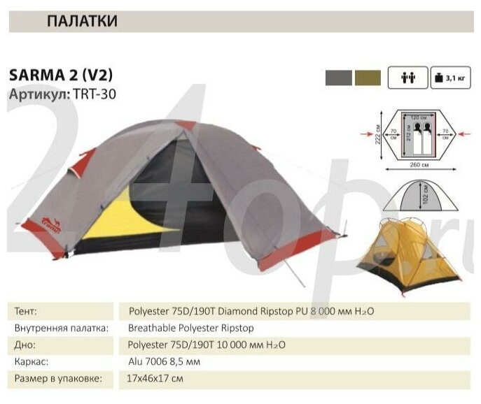 Палатка Tramp Sarma 2 (V2) экспед. 2мест. серый (TRT-30) - фото №13