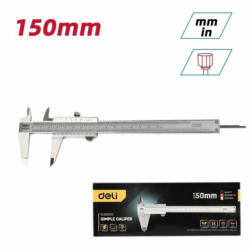 Штангенциркуль 150мм Deli DL92150C (нержавеющая сталь метрическая/дюймовая шкала кейс)