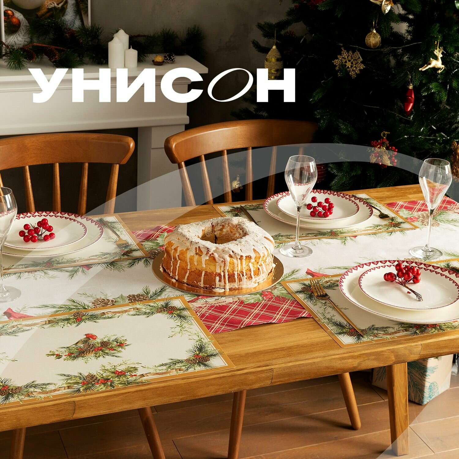 Салфетки сервировочные 4 шт 43х28 Унисон рис 33132 Christmas Birds