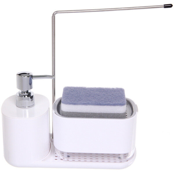 Подставка под губку с дозатором 300мл. 23х108х16 пластик/металл белый