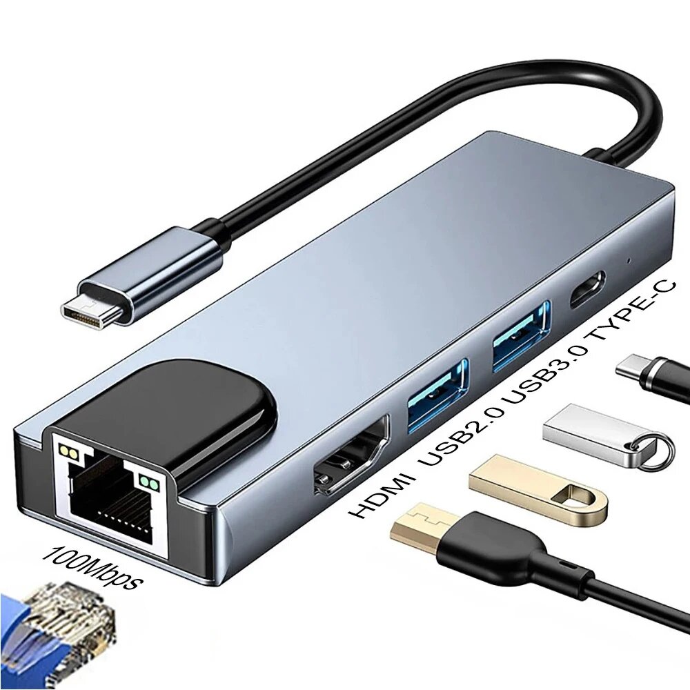 5-портовый концентратор USB C на 4K HDMI-совместимый USB C-док-станция RJ45 100M Разветвитель USB 3.0 Высокоскоростной адаптер для ноутбука Macbook, 5-IN-1