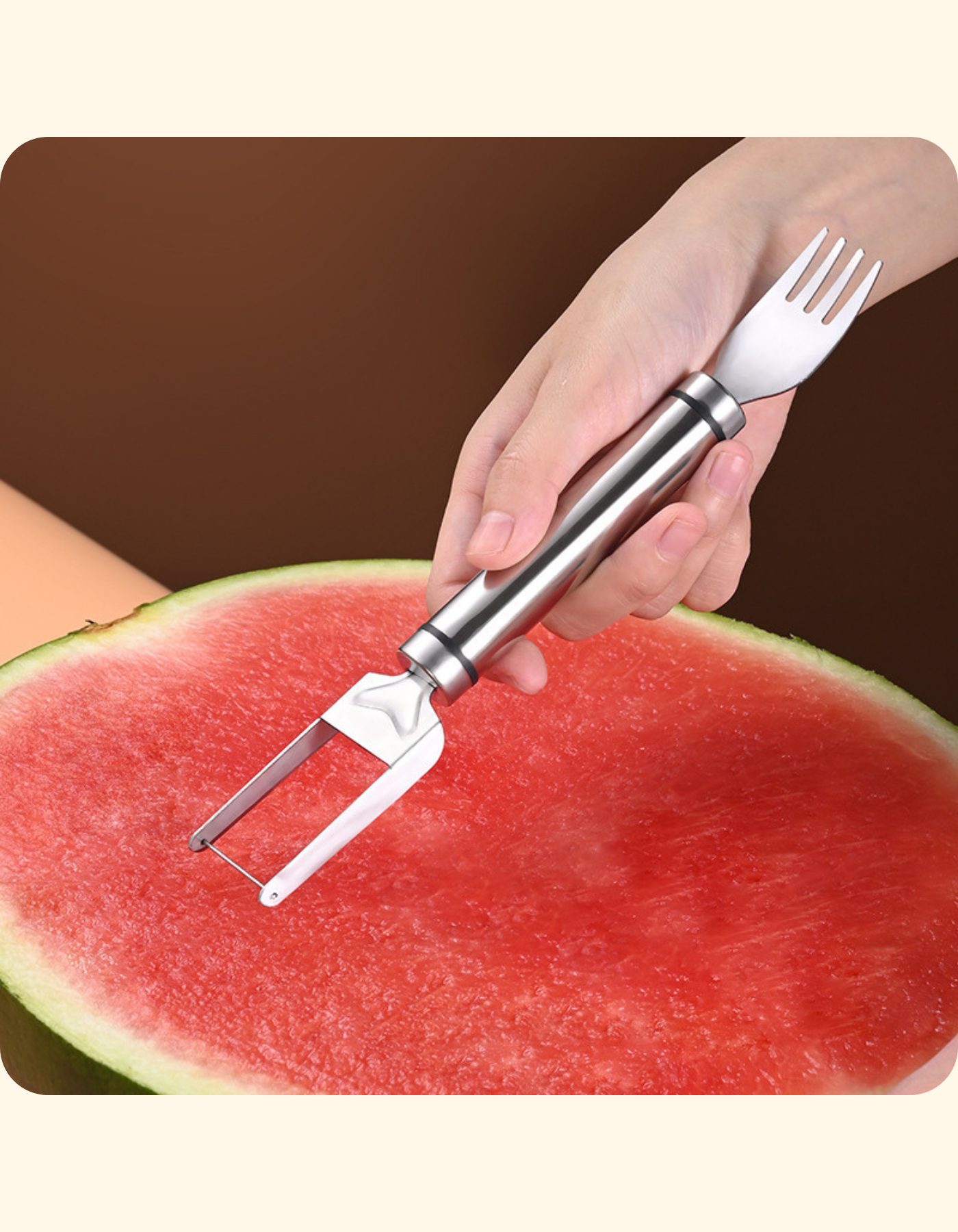 Вилка для арбуза 2в1 с ножом-резаком, нержавеющая сталь, серебристая, можно мыть в посудомойке — фото 1