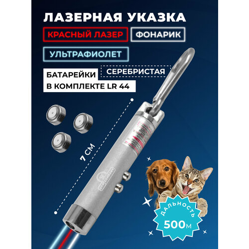 Лазерная указка, игрушка-дразнилка для кошек и собак с карабином и фонариком, серебристая. Для игры с домашним питомцем, для презентаций, зоотовар. Красный лазер + фонарик + ультрафиолет