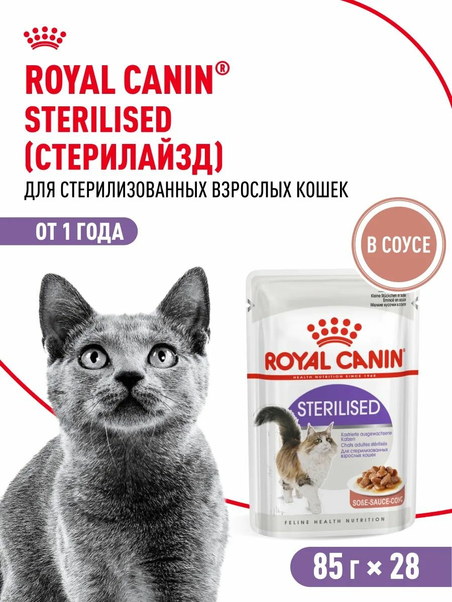 Влажный корм для кошек (пауч) Royal Canin Sterilised сооус, упаковка 28шт * 85 г