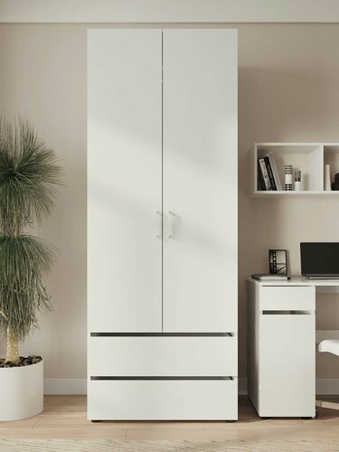 Изображение товара Распашной шкаф для одежды и хранения вещей Тайлер двухстворчатый, с ящиками, со штангой, с дополнительными полками, 80.1х51.6х210см, Белый текстурный