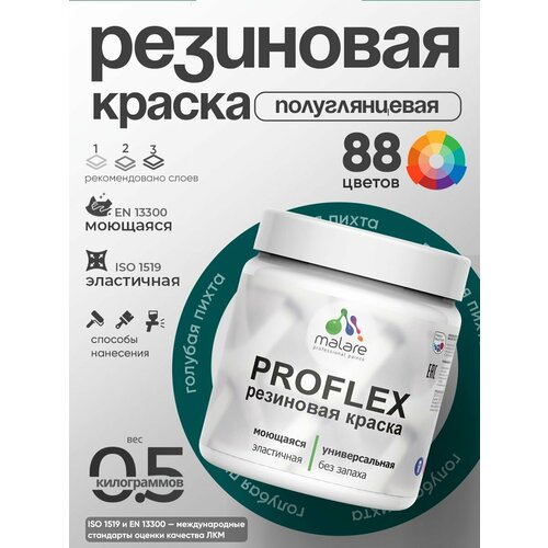 фото Краска резиновая malare proflex жидкая резина для наружных и внутренних работ, быстросохнущая моющаяся, полуглянцевая, голубая пихта, 0.5 кг