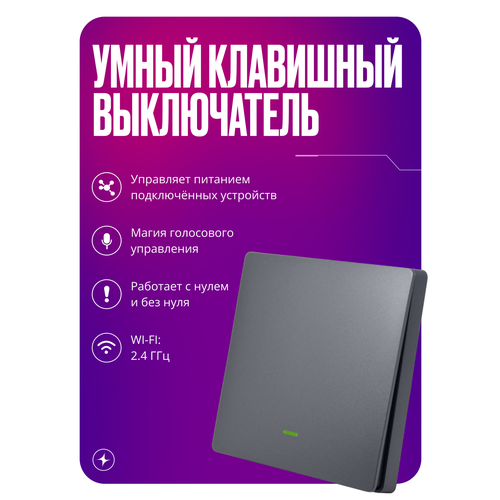 фото Умный выключатель wi-fi, одноклавишный, серый, с подсветкой, импульсный, с нулем и без нуля, умный дом izba tech