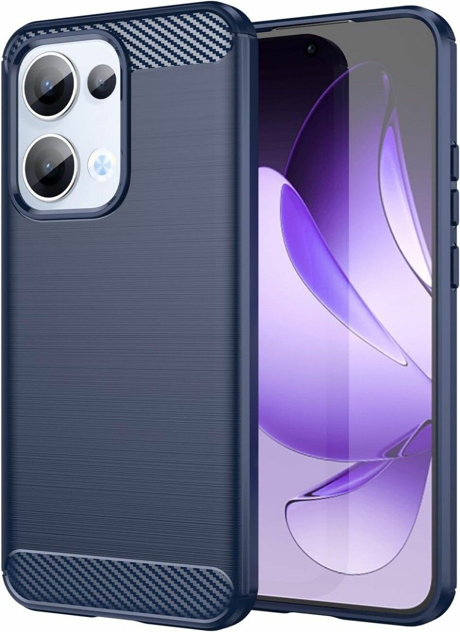 Чехол на OPPO Reno 13 силиконовый карбон сталь синий противоударный