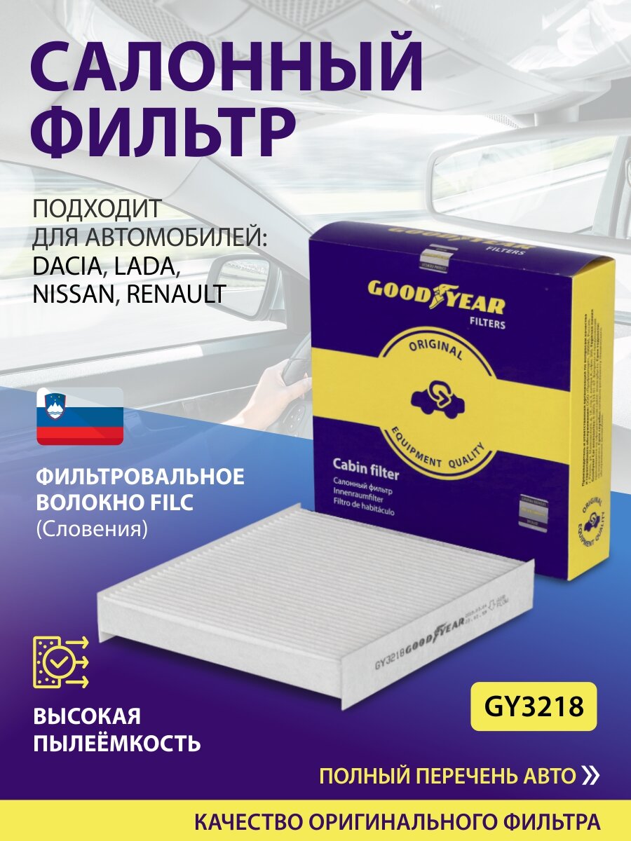 Фильтр салонный автомобильный Goodyear GY3218 LADA X-RAY VESTA; RENAULT ARKANA CAPTUR, CLIO IV, DUSTER II KAPTUR LOGAN II SANDERO II; NISSAN MICRA V (K14F)