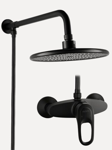 Изображение товара Душевой гарнитур с тропическим душем диаметром 22 см и однорычажным смесителем, цвет черный матовый
