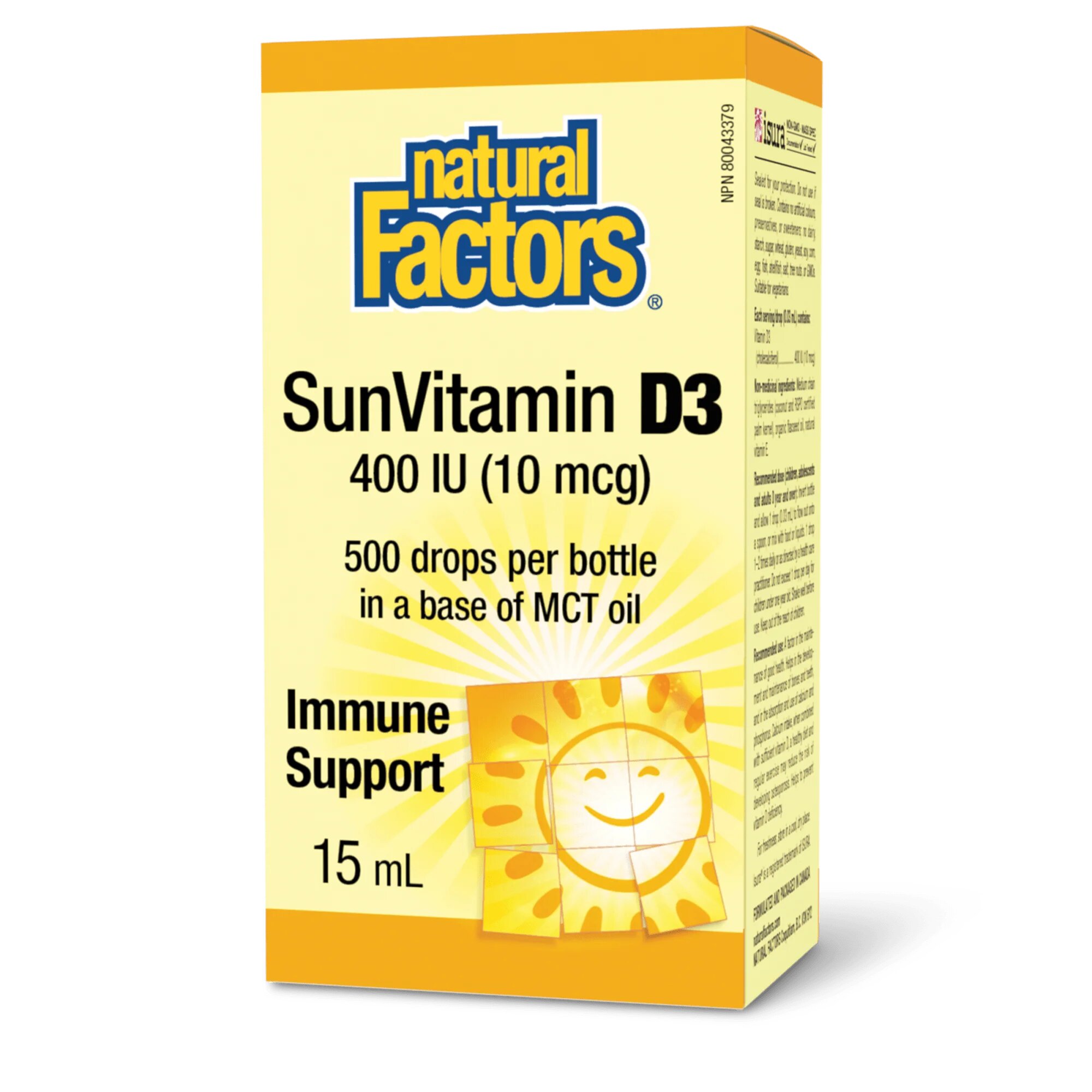 Natural Factors Vitamin D3 for Kids, Витамин Д3 в каплях, 15 мл, 400 МЕ, 500 шт.