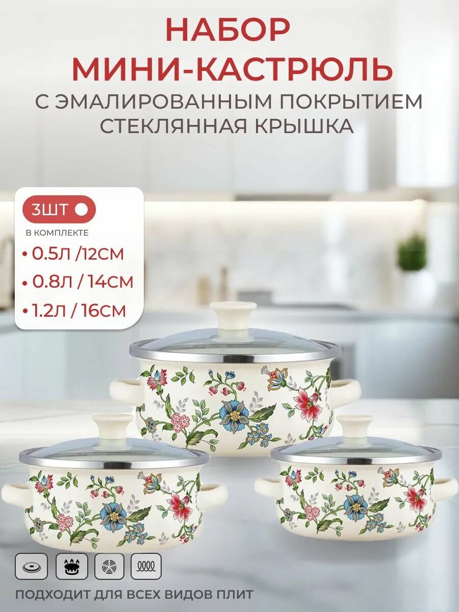 Набор эмалированных мини-кастрюль Zeidan 3 кастрюли с крышками эмаль