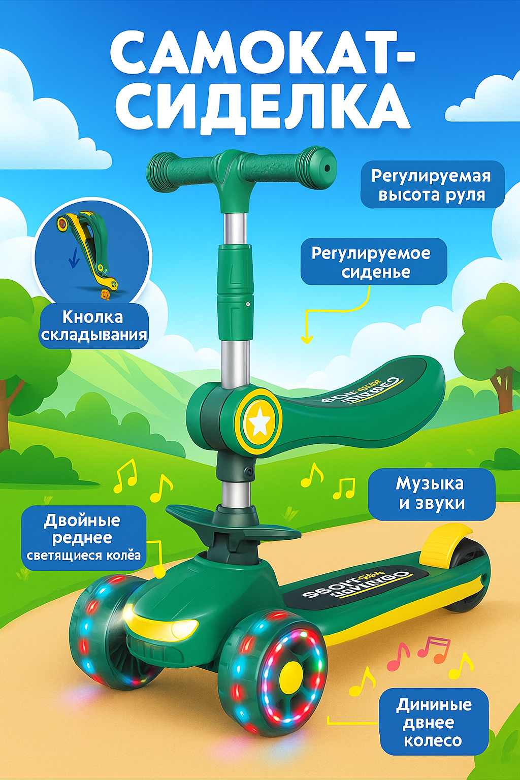 Самокат для детей, с горящими колесами, для мальчиков и девочек самокат трансформер 4 в 1, детский самокат с сиденьем. — фото 1
