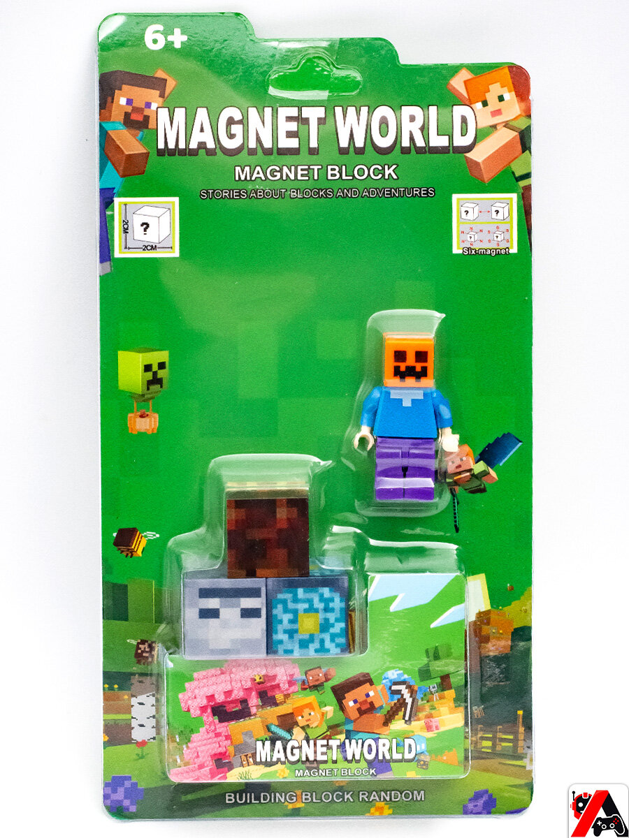Магнитный конструктор Майнкрафт 3 кубика и фигурка зомби