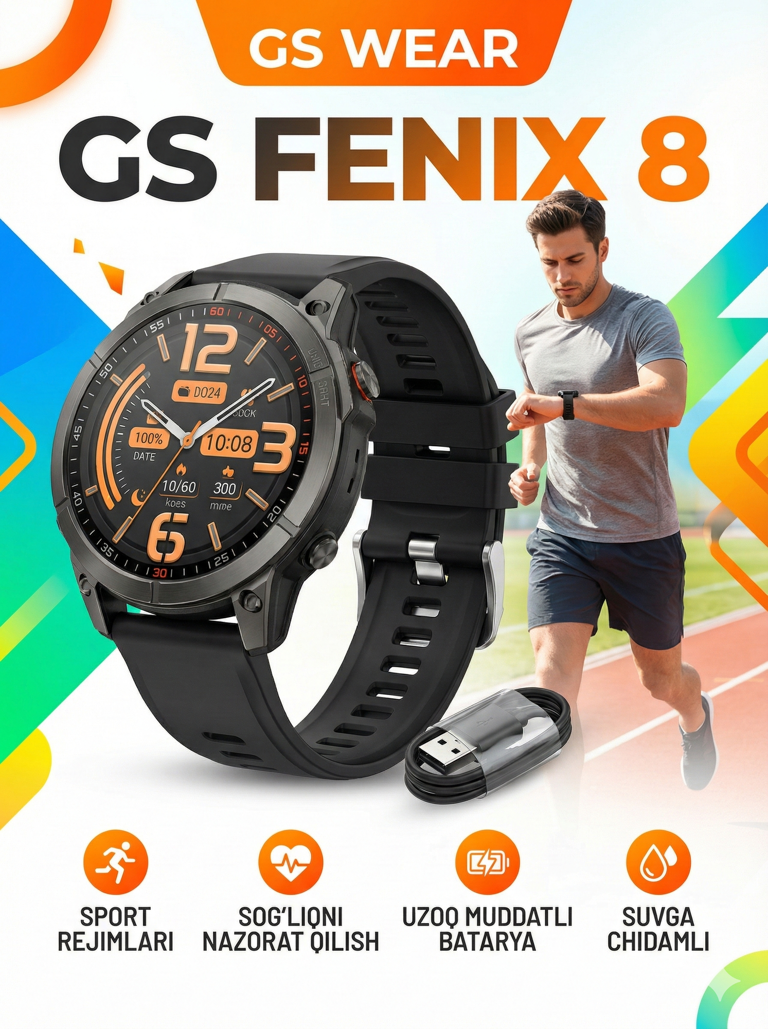 Смарт-часы GS FENIX 8 — AMOLED-экран, GPS, водонепроницаемость (IP68/3ATM), спортивные режимы и пульсометр (для мужчин)