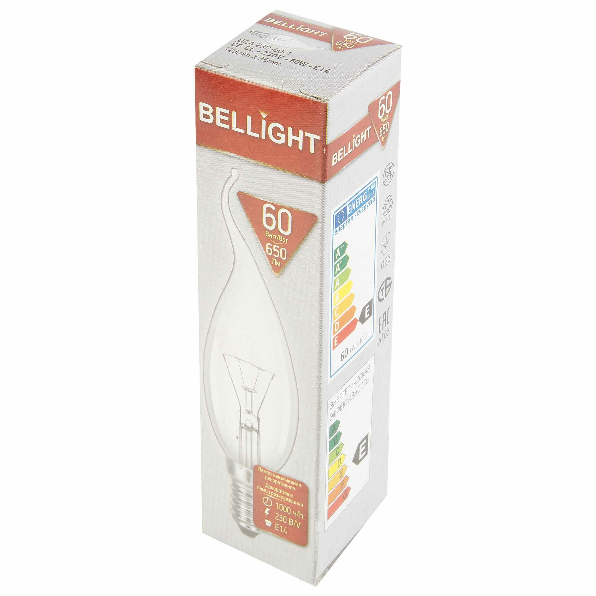 Лампа накаливания Bellight E14 230 В 60 Вт свеча на ветру прозрачная 3 м2 свет тёплый белый - фото №3