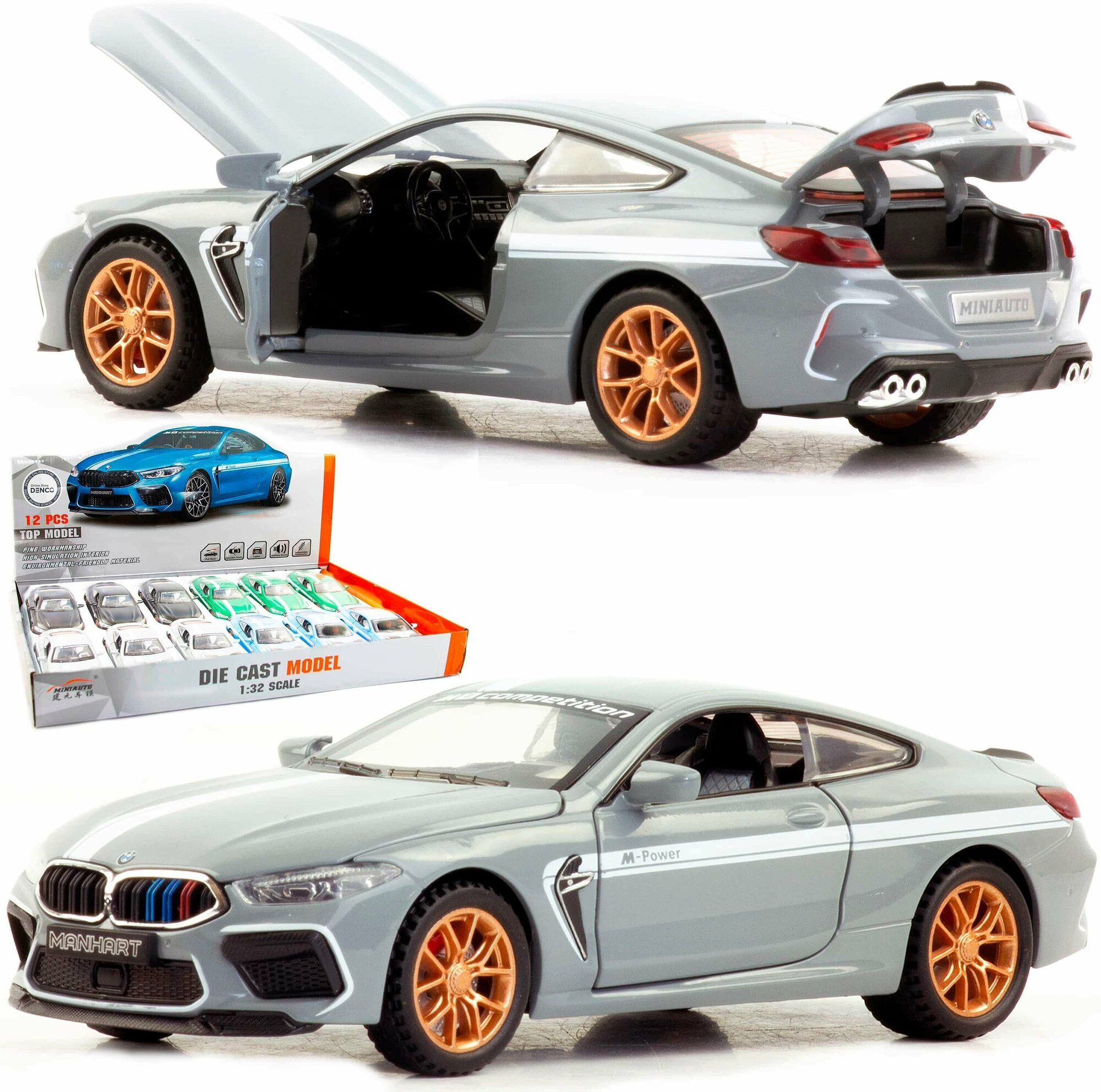 Машинка игрушка металлическая 1:32 BMW M8 Manhart (БМВ) детская, инерционная, свет, звук / Серый