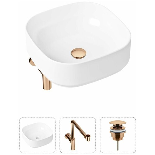 Накладная раковина в ванную Lavinia Boho Bathroom Sink Slim 21520268 в комплекте 3 в 1: умывальник белый, донный клапан и сифон в цвете розовое золото