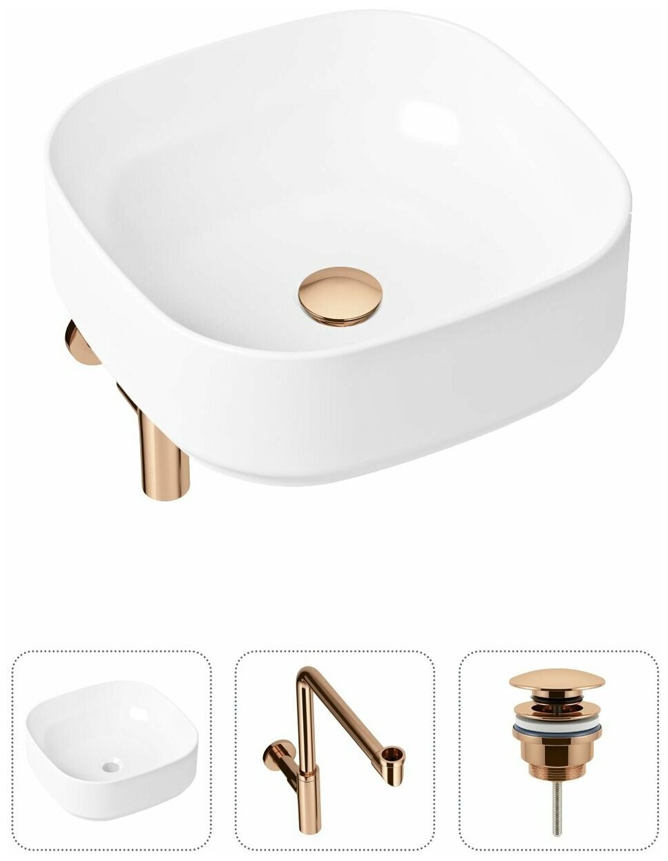 Накладная раковина в ванную Lavinia Boho Bathroom Sink Slim 21520268 в комплекте 3 в 1: умывальник белый, донный клапан и сифон в цвете розовое золото