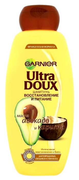 GARNIER шампунь Ultra Doux Восстановление и Питание с маслами авокадо и карите для поврежденных, секущихся и сухих волос