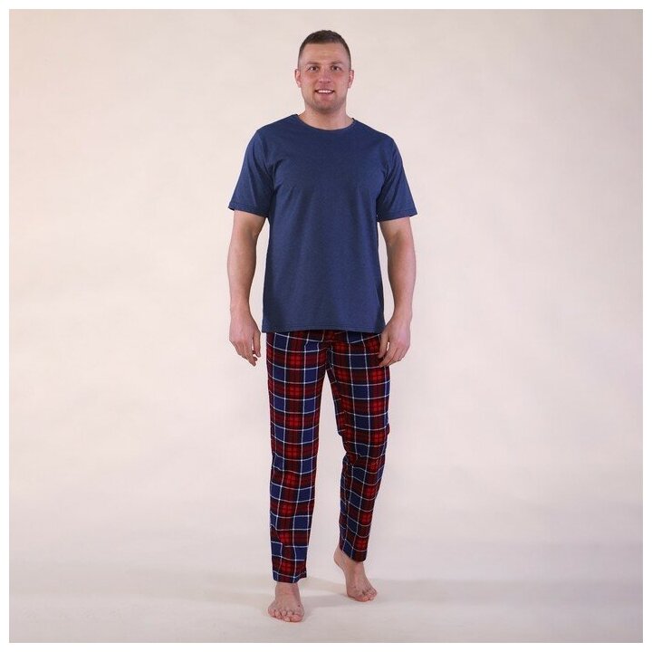 Комплект домашний мужской (футболка/брюки), цвет синий/красный, размер 60 - фотография № 1