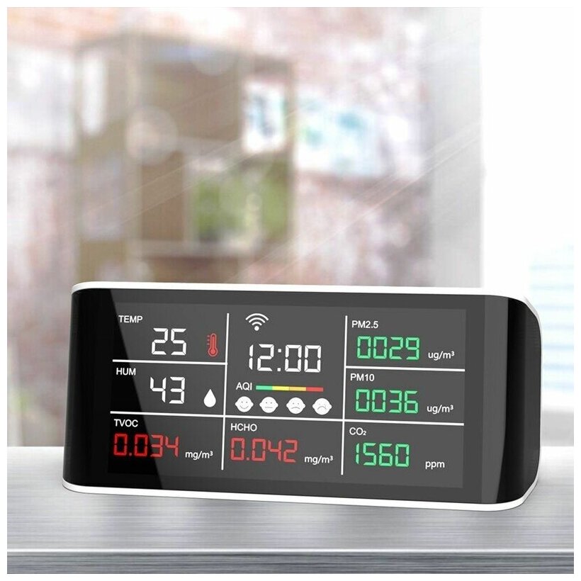 Wi-Fi монитор качества воздуха 9 в 1. СО2, CO, PM2.5, HCHO, TVOC, температуры, влажности и времени.