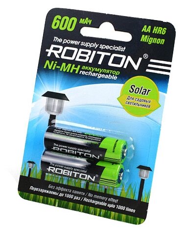 Аккумулятор Ni-Mh 600 мА·ч 1.2 В ROBITON Solar AA HR6 Mignon 600, в упаковке: 2 шт. - фотография № 1