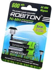 Ni-Mh аккумуляторы ROBITON SOLAR 600MHAA-2 BL-2 13905, 1.2В, 600мАч, размер АА (HR6), металлогидридные, для солнечных светильников, 2шт в упаковке