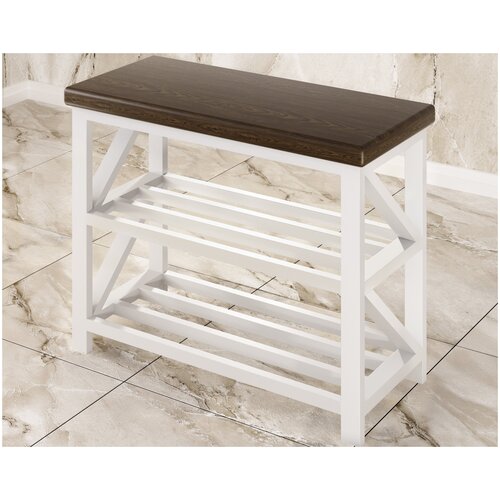 Обувница банкетка Лофт в прихожую, белый металлический каркас с полками для обуви, цвет темный дуб