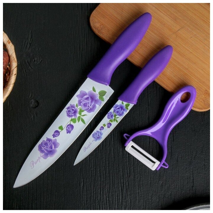 Набор кухонный Доляна «Нарцисс», 3 предмета: 2 ножа с антиналипающим покрытием, лезвие 12 см, овощечистка, 20×4 см, цвет фиолетовый
