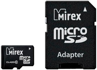 Карта памяти Mirex microSDHC Class 10 + SD adapter 4 GB, чтение: 25 MB/s, запись: 10 MB/s, адаптер на SD