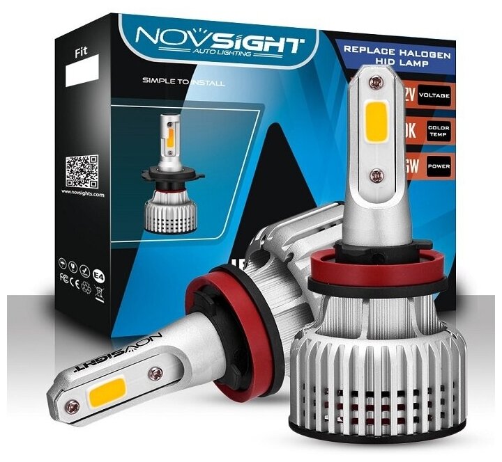 Светодиодная лампа Novsight N12Y H11 цоколь PGJ19-2 72Вт 2шт 10000Лм 3000K желтый свет LED автомобильная