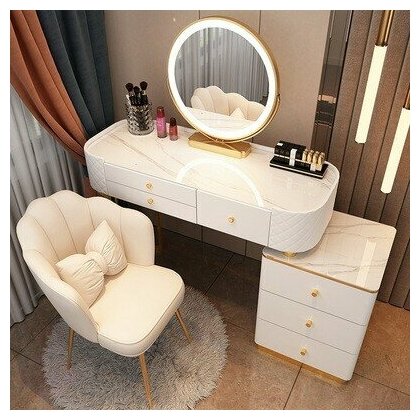 Туалетный столик с керамической столешницей, зеркалом и стулом (100 см белый столик + тумба + умное зеркало + кресло)