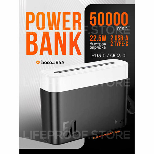 Повербанк Внешний аккумулятор Powerbank Hoco J94A 225W PDQC 30 50000mAh 2xType-C 2xUSB-A LED фонарь Черный 5964₽