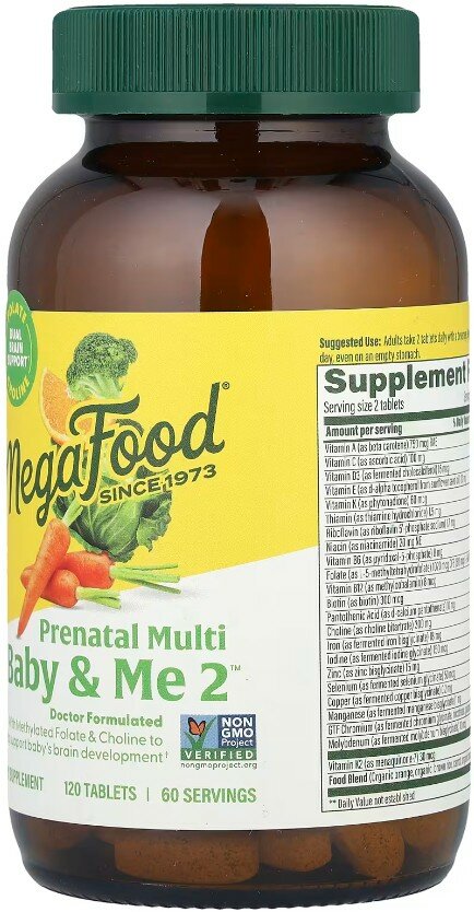 Картинки MegaFood, Baby & Me 2 (пренатальные витамины), для беременных и кормящих мам, 120 таблеток