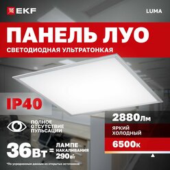 Светодиодная панель тонкая 36Вт 6500K 2880Лм опал с равномерной засветкой 595x595мм IP40 серебро без драйвера. Светильник потолочный армстронг LED LUMA холодный белый; EKF (ДВО) ЛУО-4008-L